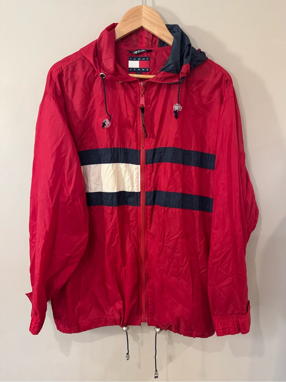 Vintage Tommy Hilfiger Red Hooded Windbreaker with Navy & White Stripes - Picture 2 of 7